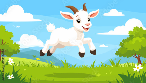 A cheerful white cartoon baby goat with brown horns and a happy smile, jumping joyfully.