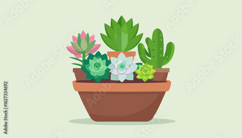 A colorful arrangement of stylized succulents and a cactus in a brown terracotta planter.