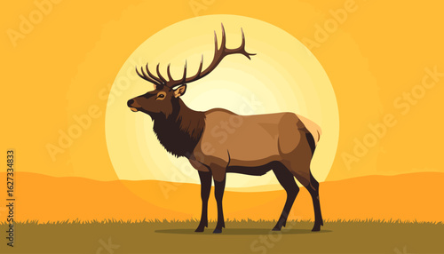 Majestic Bull Elk with Large Antlers and a Dark Mane Standing in Profile.