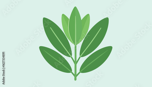 Symmetrical green plant branch with two-tone elliptical leaves in a modern flat vector style.