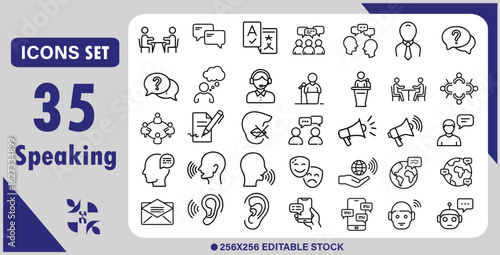 Speaking icon set. Containing dialogue, communication, talk, speech, discussion, chat, conference, meeting, voice, speech bubble, support and more. Editable line icons. Vector illustration.