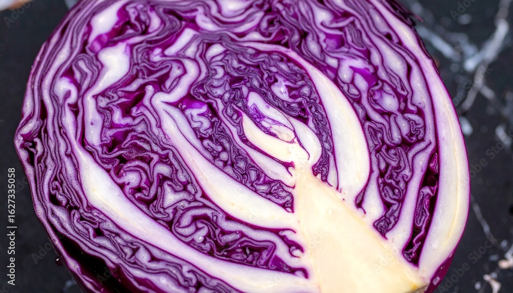 Fototapeta premium A vibrant cross-section of a red cabbage reveals intricate layers of purple and white, creating a striking and healthy vegetable close-up.