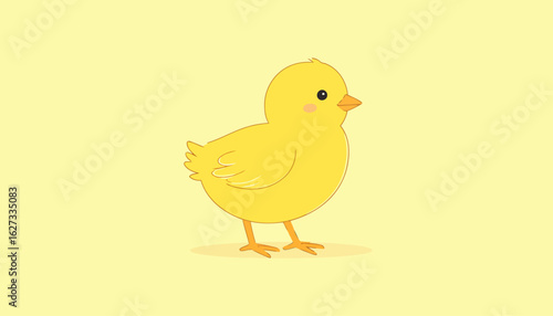 Adorable yellow baby chick cartoon with rosy cheeks and fluffy tail feathers.