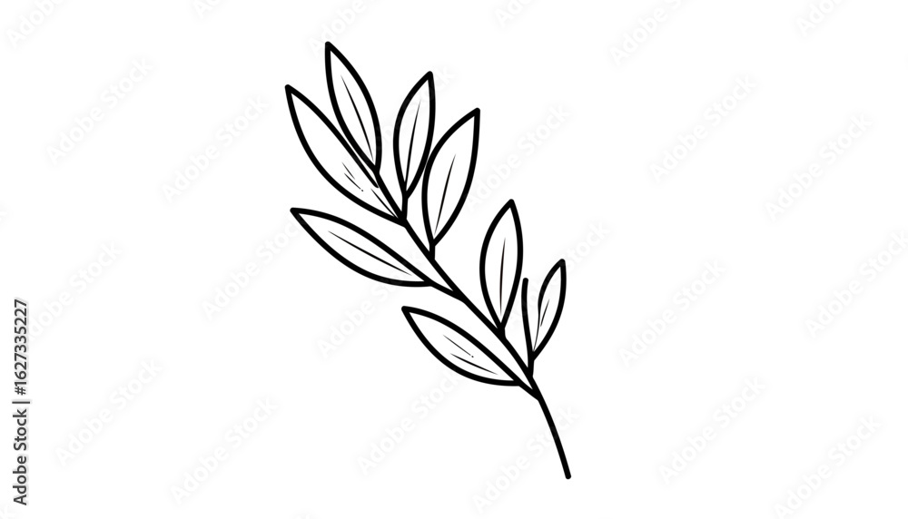 Fototapeta premium Minimalist black line art of a botanical sprig with elegant, pointed leaves.