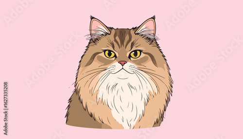 Illustrated portrait of a fluffy, long-haired brown tabby cat with golden eyes and a serious expression.