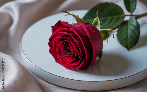 red rose on white plate