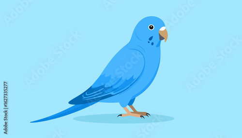 A charming blue budgerigar illustration in a flat vector style, standing in profile with detailed wing feathers.