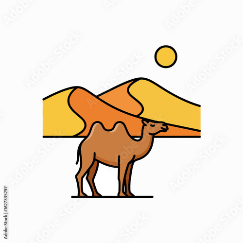 A stylized illustration of a camel standing before desert dunes under the sun.