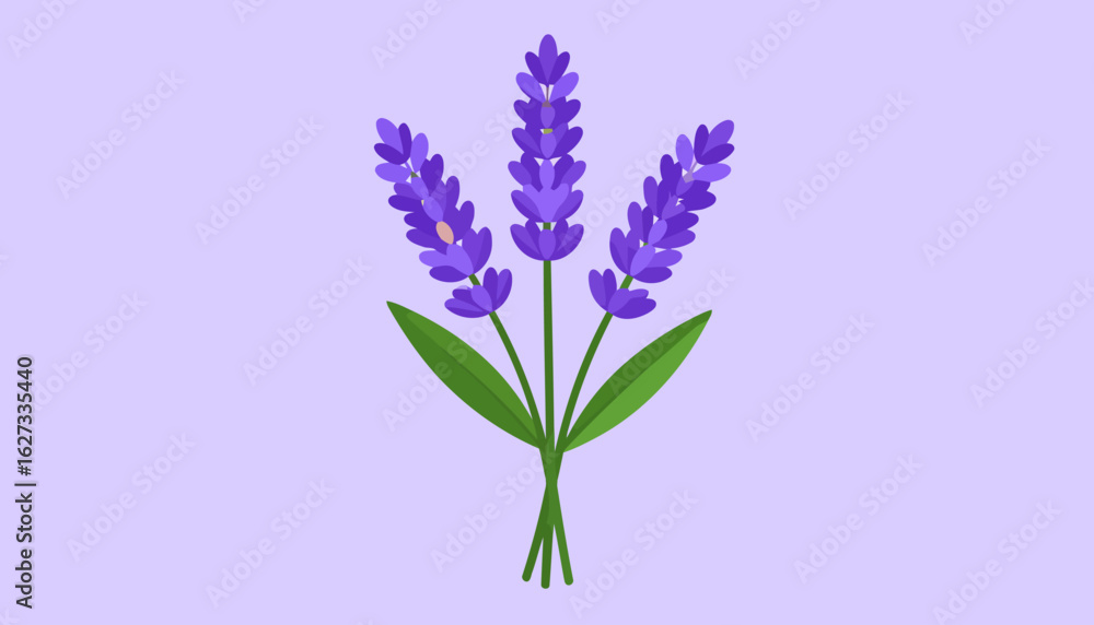 Naklejka premium A simple flat illustration of a lavender bouquet with three purple flower spikes and green leaves.