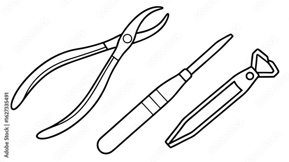 Obraz premium Precision Hand Tools Line Art: Medical, Dental, and Industrial Instruments Vector Illustration