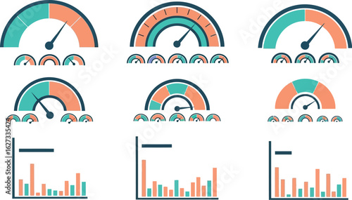 Set of colorful rainbow gauge meters and bar charts indicating performance and progress