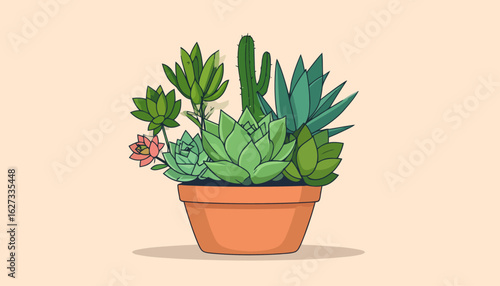 Stylized illustration of a mixed succulent and cactus arrangement in a terracotta pot.