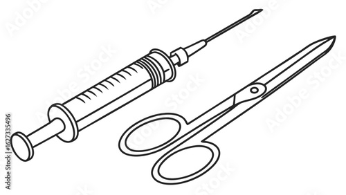 Medical Instruments Line Art: Syringe with Needle and Surgical Scissors Isolated Black and White Vector Illustration