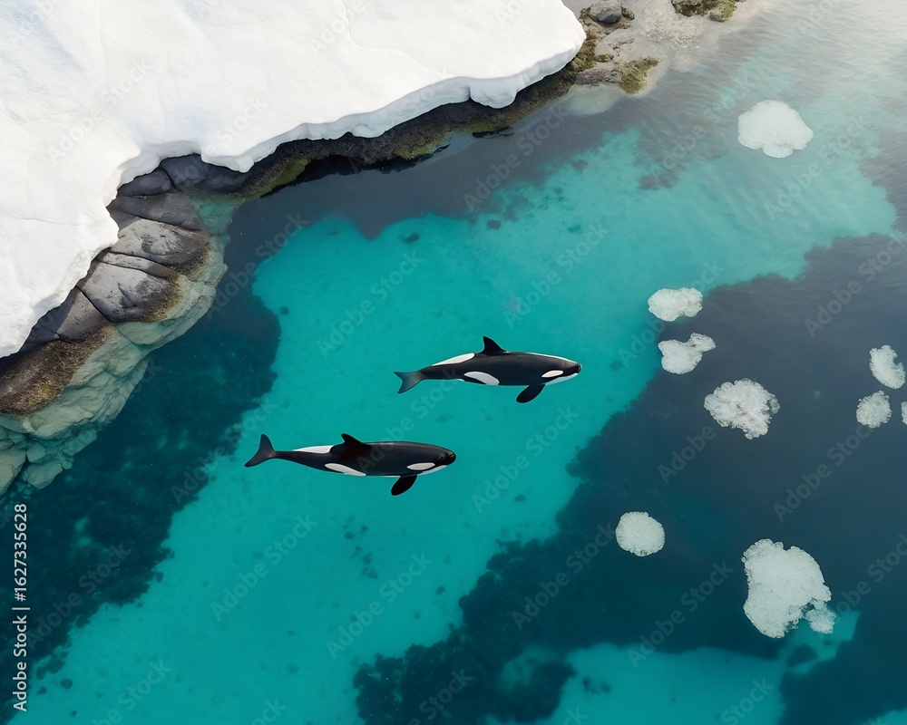 Aerial View of Two Orcas Swimming in Turquoise Arctic Waters near a Glacier Aerial View of Two Orcas Swimming in Turquoise Arctic Waters near a Glacier