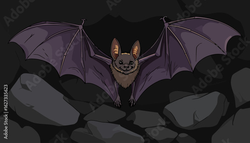 A cute cartoon bat with large purple wings and a friendly smile, depicted in a stylized illustration.