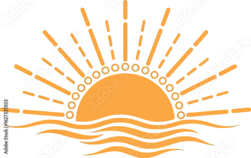 Bright orange sun rising over wavy water with stylized rays of light
