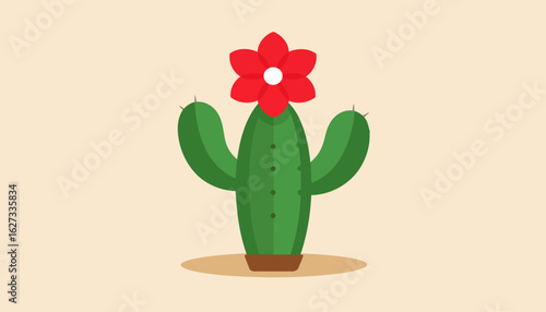 Cartoon saguaro cactus with a vibrant red flower and spines in a brown pot.