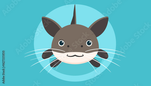Cute brown catfish character with big eyes and long white whiskers, front view illustration.