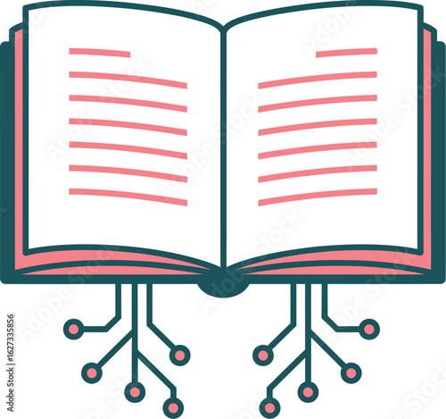 Open book with digital circuits connecting to its pages representing digital learning and technology