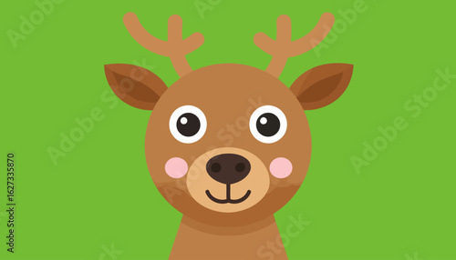 Cute cartoon reindeer with a friendly smile, big eyes, and rosy cheeks. Adorable brown deer character with antlers.