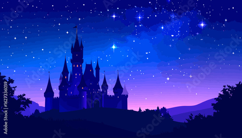 Enchanted fairytale castle with tall spires and glowing windows under a magical starry night sky.