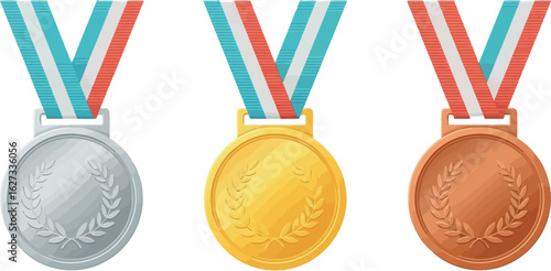 Three olympic style medals for first second and third place winners on white background