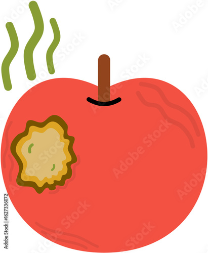 A flat vector illustration of a damaged apple, unpleasant smell, and wilted texture