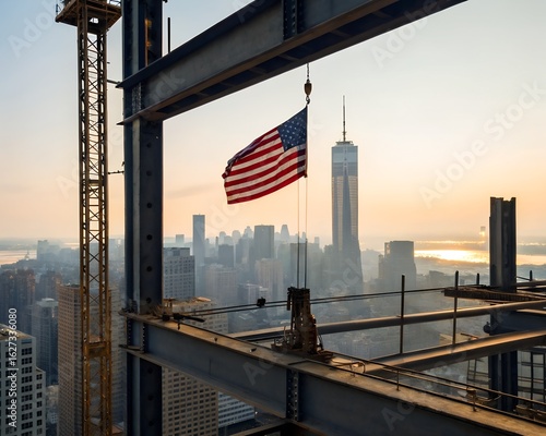 American Flag Waves at Sunrise Over New York City Construction Site
