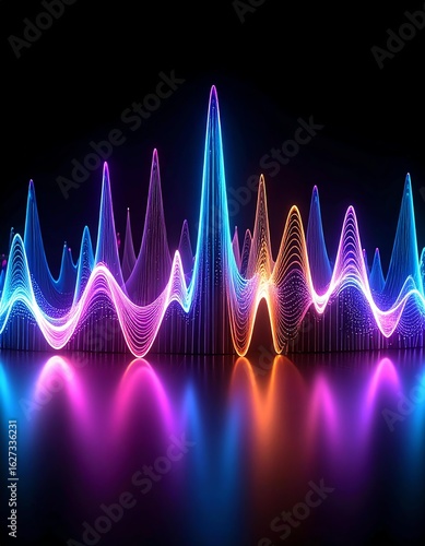 Abstract sound wave visual in vibrant colors, conveying movement and rhythm against a dark background.