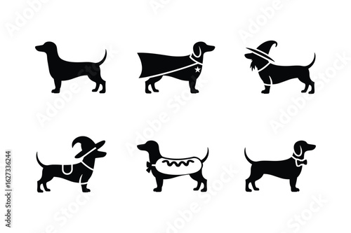 Dachshund silhouettes with costumes and accessories superhero