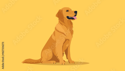 A friendly Golden Retriever dog sitting with its tongue out, in a flat illustration style.