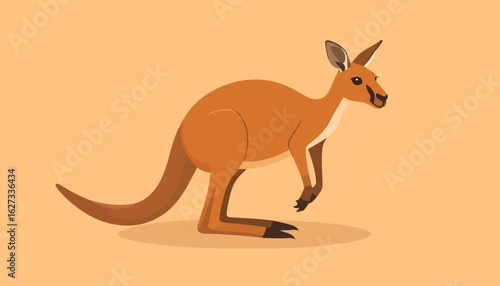 Stylized brown kangaroo illustration in profile, with large hind legs and a long tail.