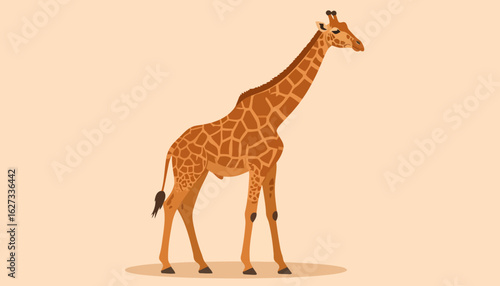 Stylized flat vector illustration of a tall standing giraffe with a long neck and brown spotted coat.