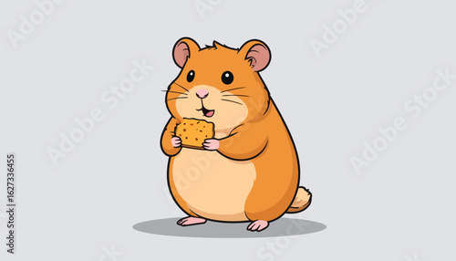 Cute chubby orange hamster cartoon character happily eating a cracker.