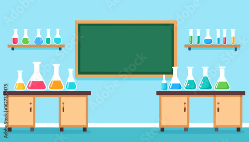 Colorful chemistry laboratory classroom with beakers, flasks, and a green chalkboard. Flat vector illustration of a school science room.