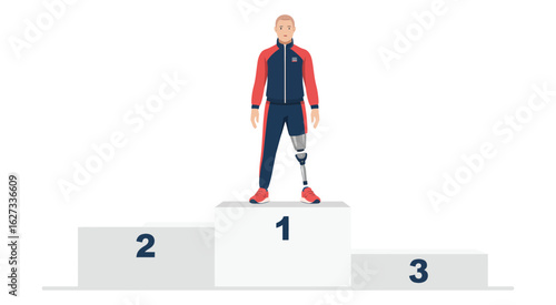 Prosthetic-Leg Athlete Wins, Triumphant Moment of Disabled Sportsman on Podium Raising Arms in Celebration, Vector Graphic for Empowerment and Sports Achievement