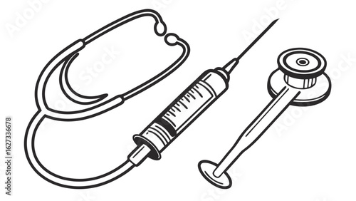 Essential Medical Instruments Line Art: Stethoscope, Syringe, and Reflex Hammer for Healthcare and Diagnostics