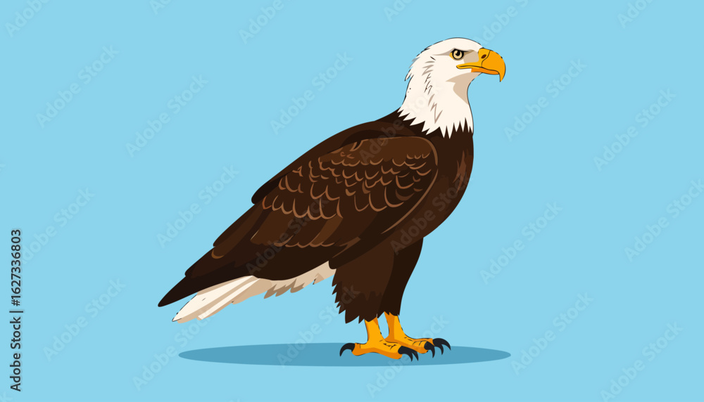 Obraz premium Majestic American bald eagle illustration, standing in profile with a white head, brown feathers, and sharp yellow talons.