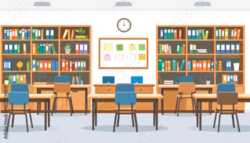 Quiet library or office interior with wooden bookshelves, desks, and a central bulletin board.