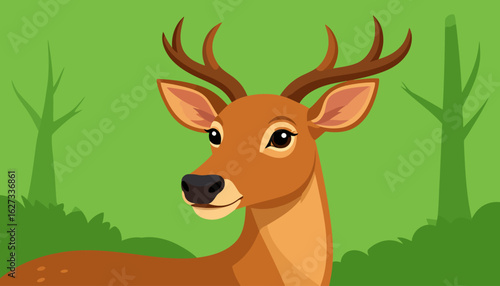 Charming cartoon stag illustration with large expressive eyes, brown antlers, and a gentle smile.
