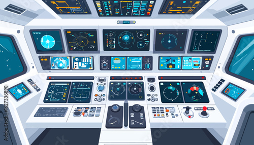 Futuristic spaceship cockpit with glowing blue screens and complex control panels. A detailed vector illustration of a high-tech command bridge.