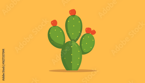 Stylized prickly pear cactus illustration with green pads and red tuna fruits.