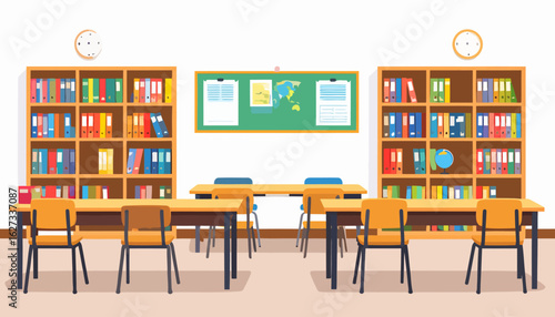 Colorful flat vector illustration of an empty school classroom with wooden desks, bookshelves, and a green bulletin board.