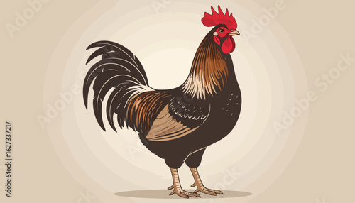Majestic brown and black rooster with a vibrant red comb, standing in profile. Stylized graphic illustration.
