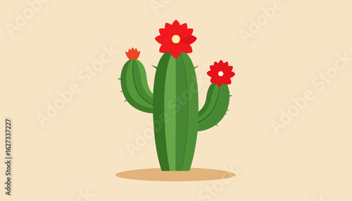 A vibrant green saguaro cactus illustration with three arms, small spines, and blooming red flowers.