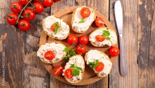 Appetizer platter of creamy spread on toasted bread, garnished with cherry tomatoes and herbs