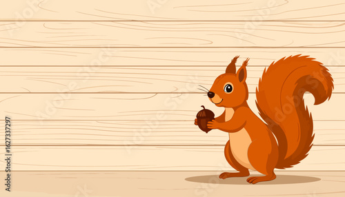 Cute orange cartoon squirrel with a bushy tail, standing and holding a brown acorn.