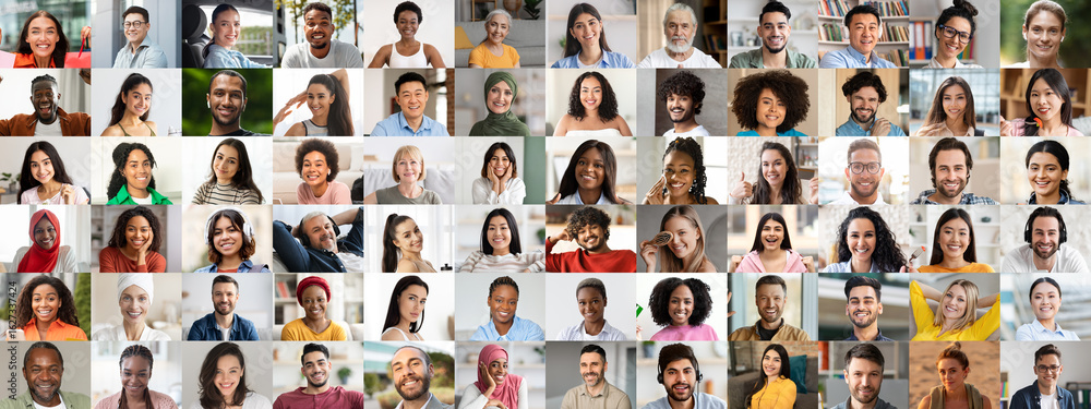 Fototapeta premium A vibrant collection of joyful faces representing multiethnic backgrounds. Each person shares smiles and expressions of positivity, reflecting a harmonious blend of cultures and lifestyles.
