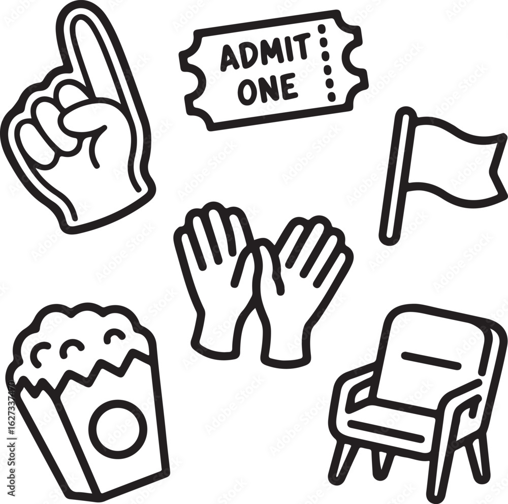 Fototapeta premium Foam Finger, Ticket, Team Flag, Clapping Hands, Snack, and Stadium Seat