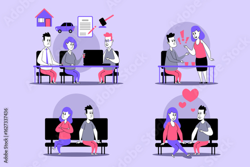 Couple engaged in various stages facing divorce. They negotiating, arguing, and sharing emotional moments, showing complicated process of separation and resolution